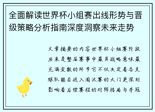 全面解读世界杯小组赛出线形势与晋级策略分析指南深度洞察未来走势