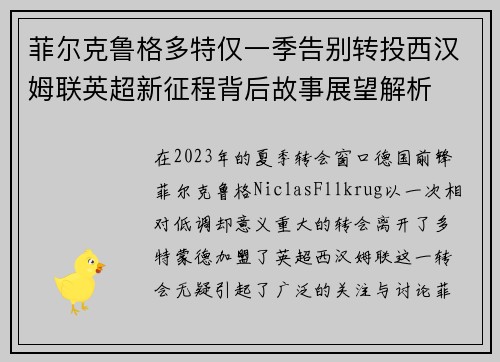 菲尔克鲁格多特仅一季告别转投西汉姆联英超新征程背后故事展望解析